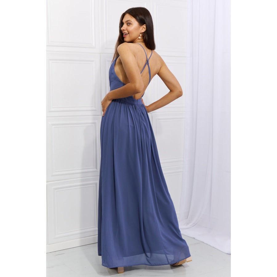 Ontheland Captivating Muse Open Crossback Maxi Dress Dusty Blue / S