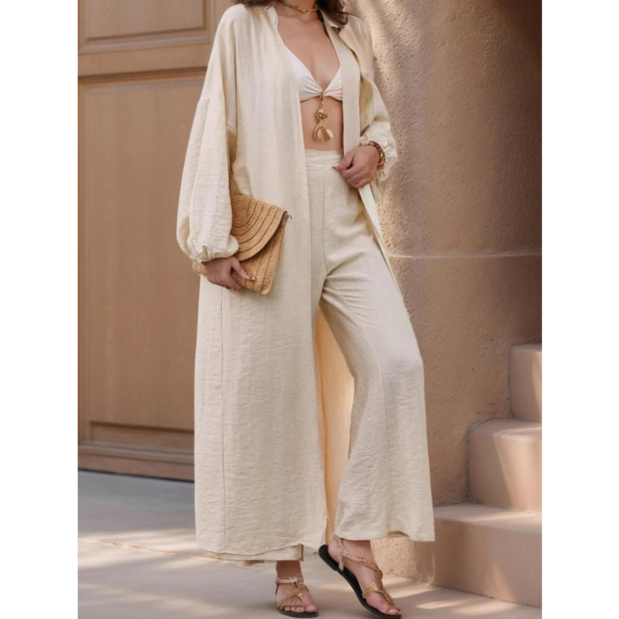 Open Front Balloon Sleeve Cardigan and Pants Set Tan / S Apparel and Accessories