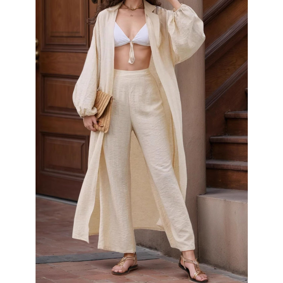 Open Front Balloon Sleeve Cardigan and Pants Set Tan / S Apparel and Accessories