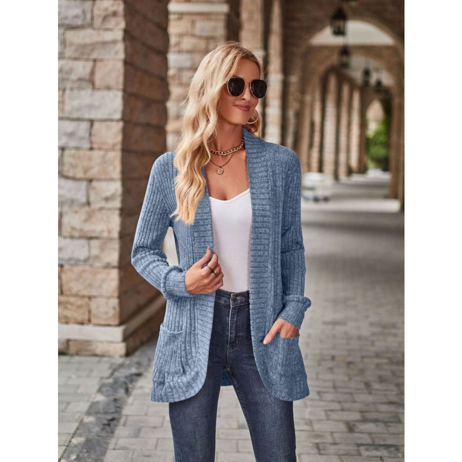 Open Front Cardigan with Pockets Misty Blue / S