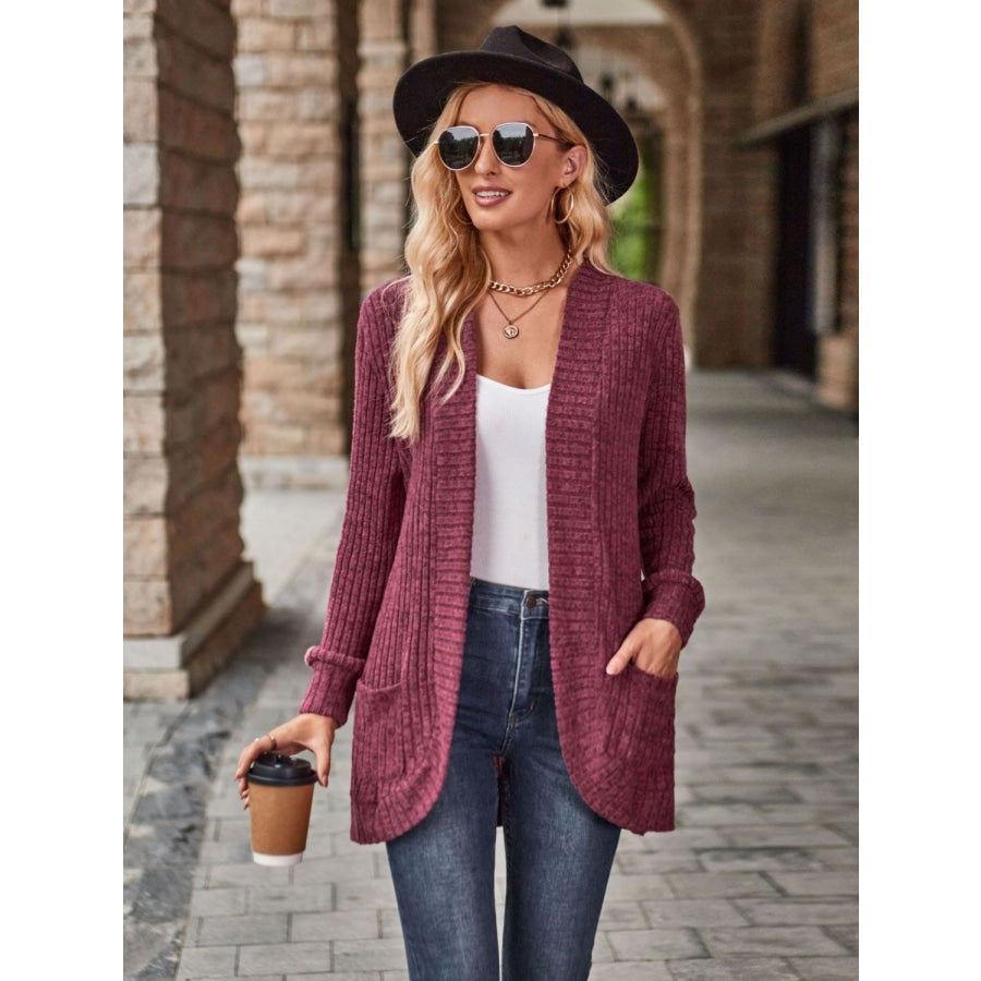 Open Front Cardigan with Pockets Wine / S