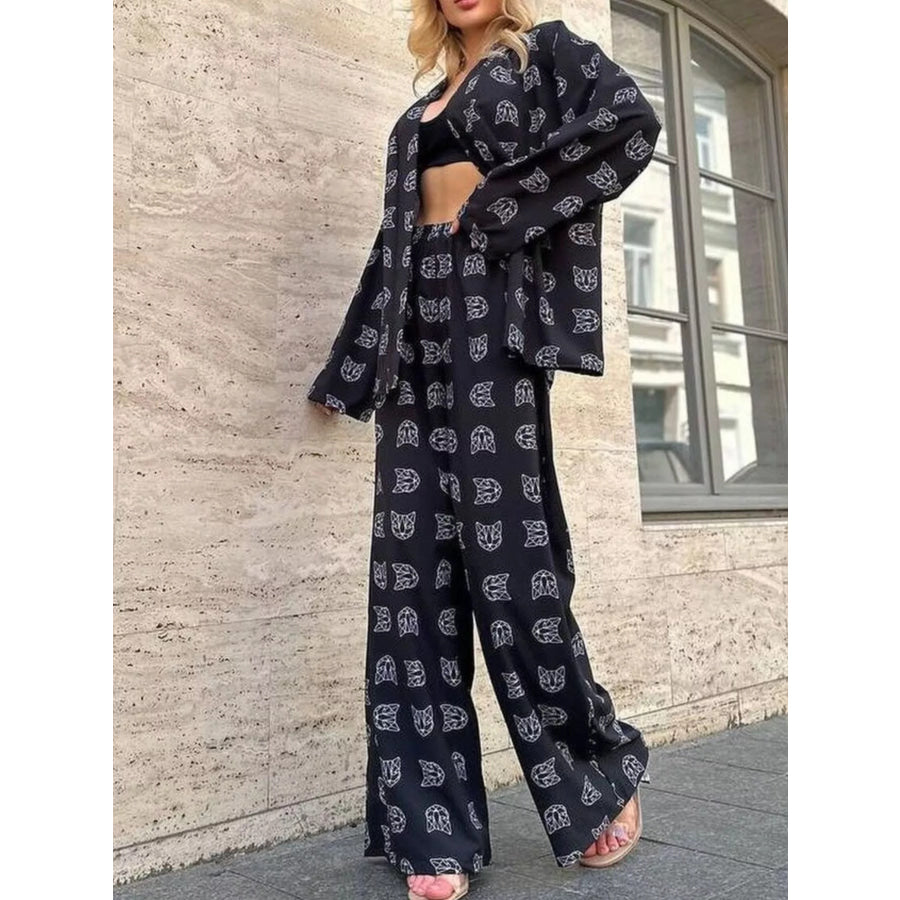 Open Front Cat Print Shirt and Pants Set Black / S Apparel Accessories