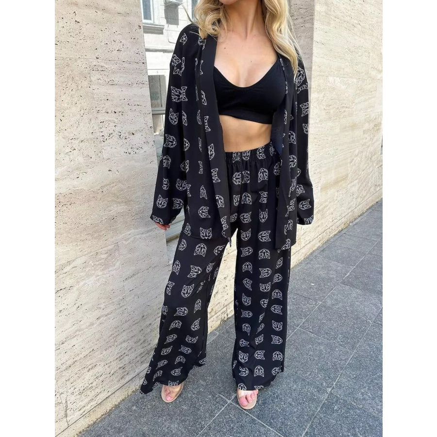 Open Front Cat Print Shirt and Pants Set Black / S Apparel Accessories