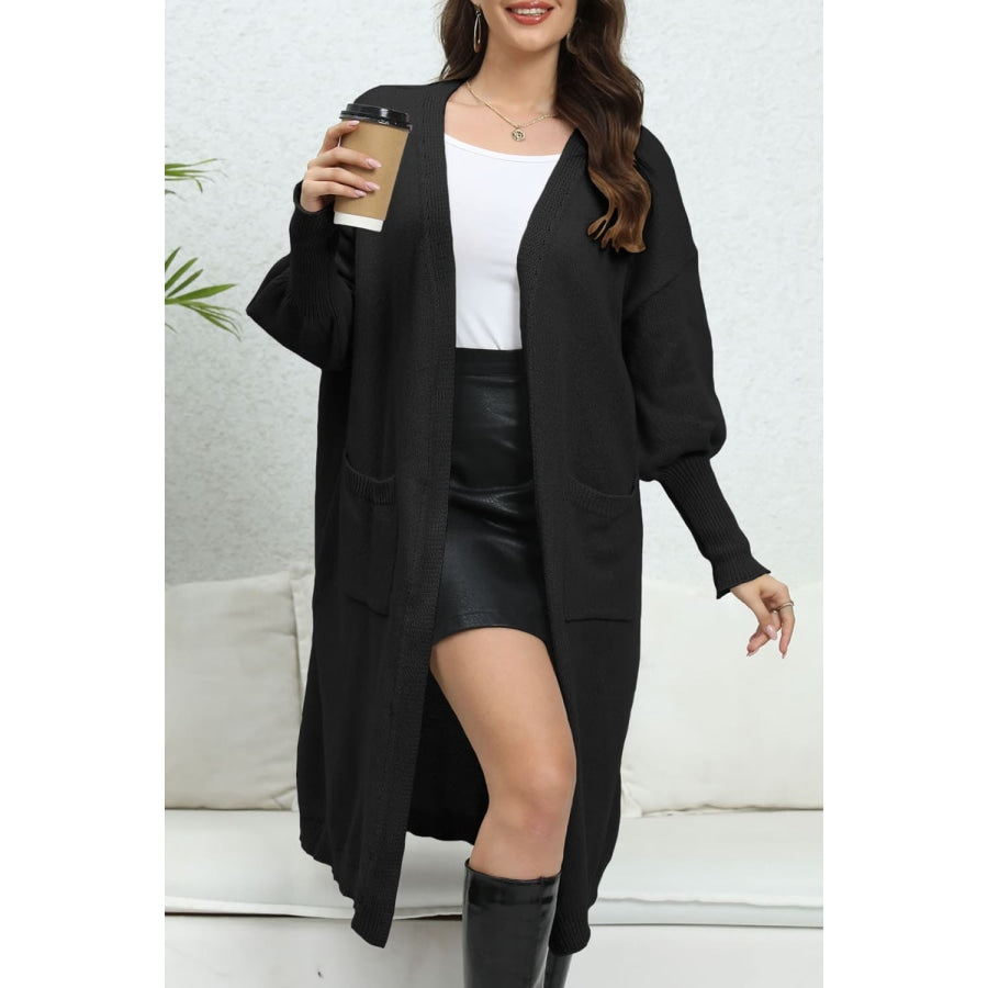 Open Front Dropped Shoulder Cardigan Black / One Size