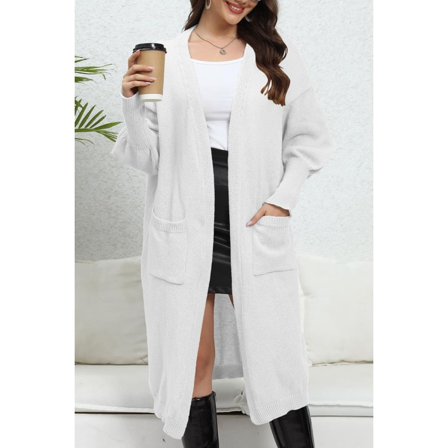 Open Front Dropped Shoulder Cardigan White / One Size