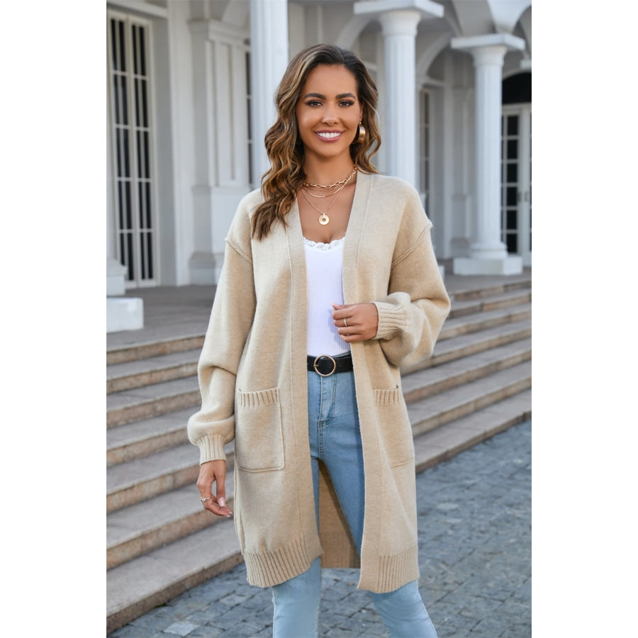 Open Front Dropped Shoulder Cardigan with Pocket Tan / S