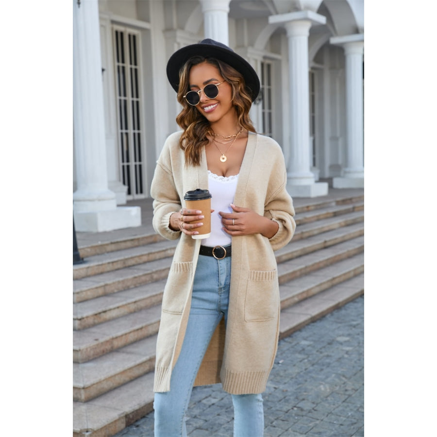 Open Front Dropped Shoulder Cardigan with Pocket