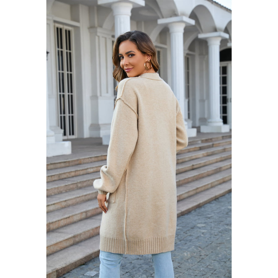 Open Front Dropped Shoulder Cardigan with Pocket Tan / S