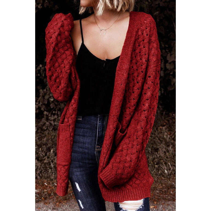 Open Front Dropped Shoulder Cardigan with Pockets Deep Red / S Clothing