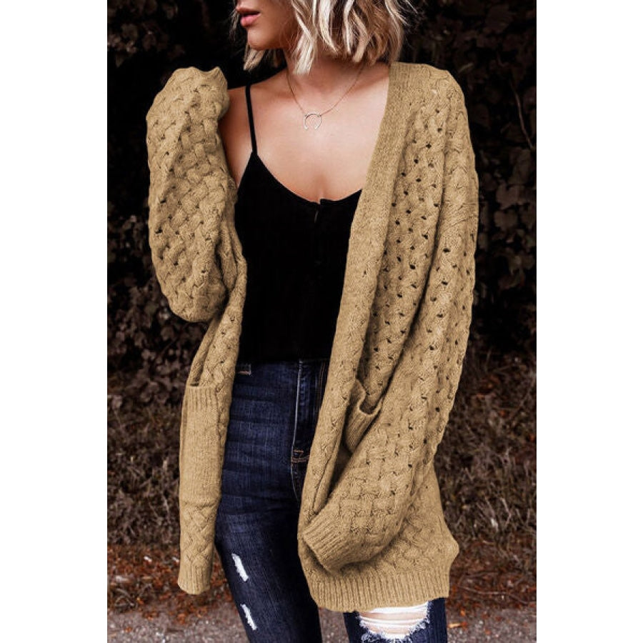 Open Front Dropped Shoulder Cardigan with Pockets Tan / S Clothing