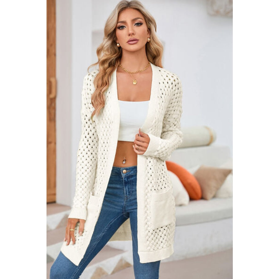 Open Front Dropped Shoulder Cardigan with Pockets White / S Clothing