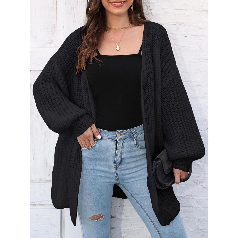 Open Front Dropped Shoulder Longline Cardigan Black / One Size