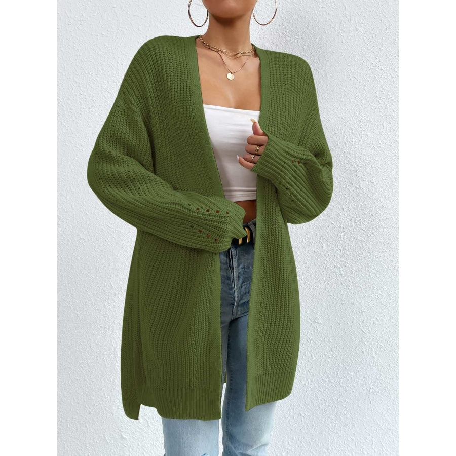 Open Front Dropped Shoulder Slit Cardigan Green / S