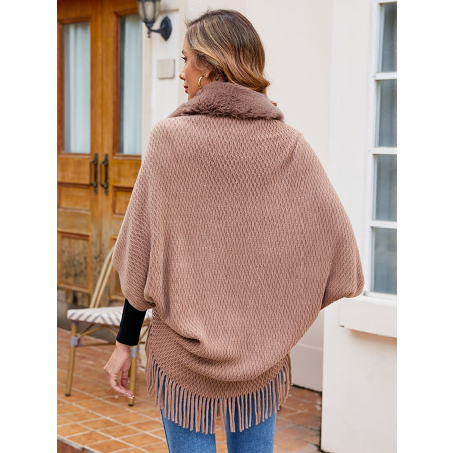 Open Front Fringe Hem Poncho Khaki / One Size