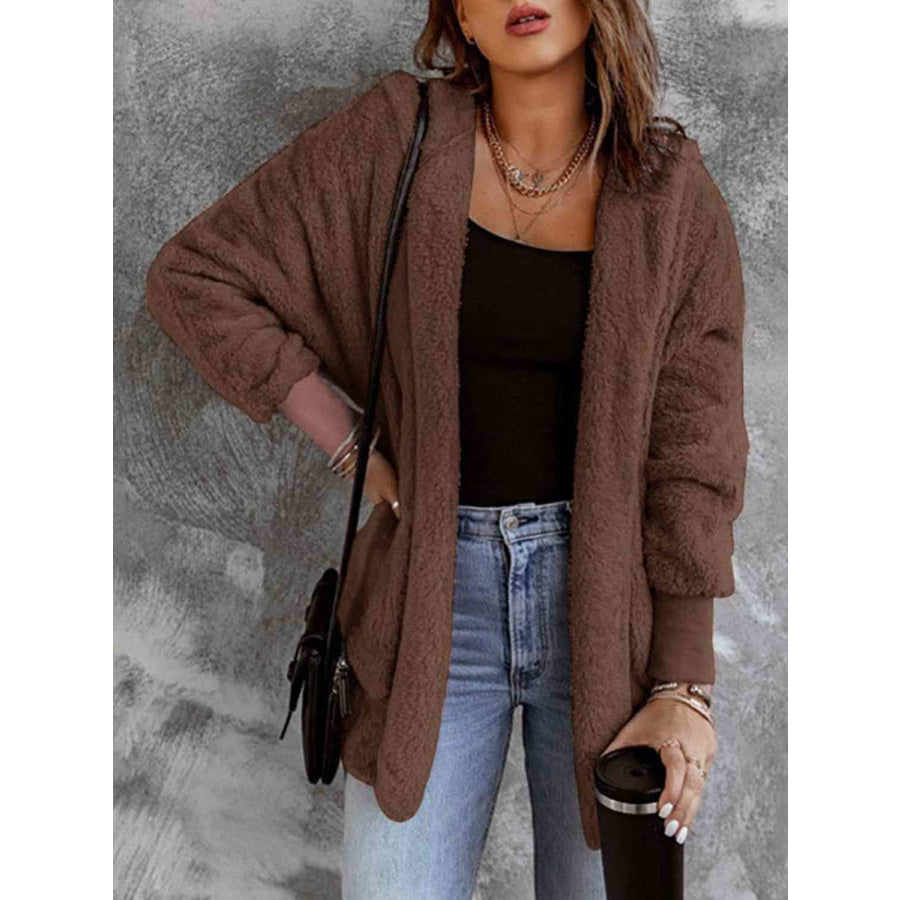 Open Front Hooded Faux Fur Outwear with Pockets Chestnut / S