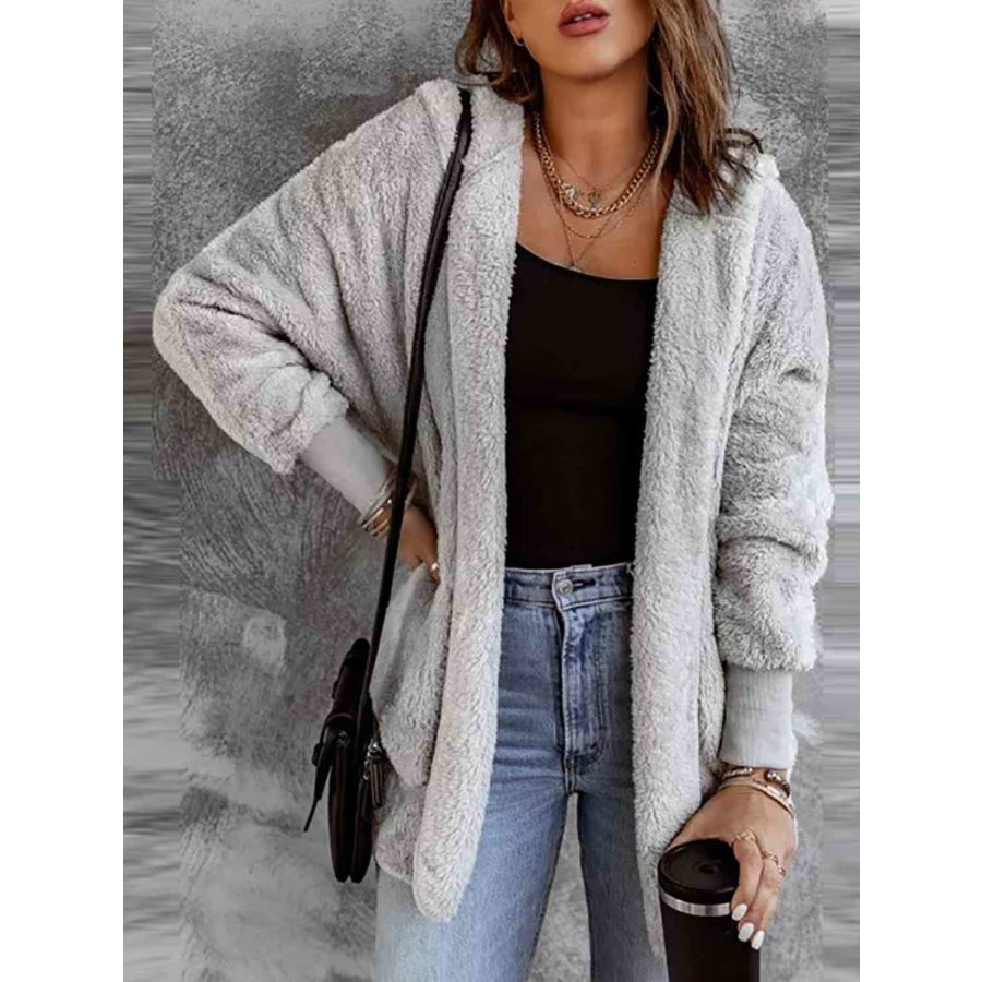 Open Front Hooded Faux Fur Outwear with Pockets Light Gray / S