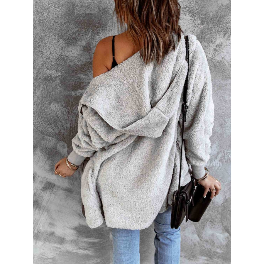 Open Front Hooded Faux Fur Outwear with Pockets Light Gray / S