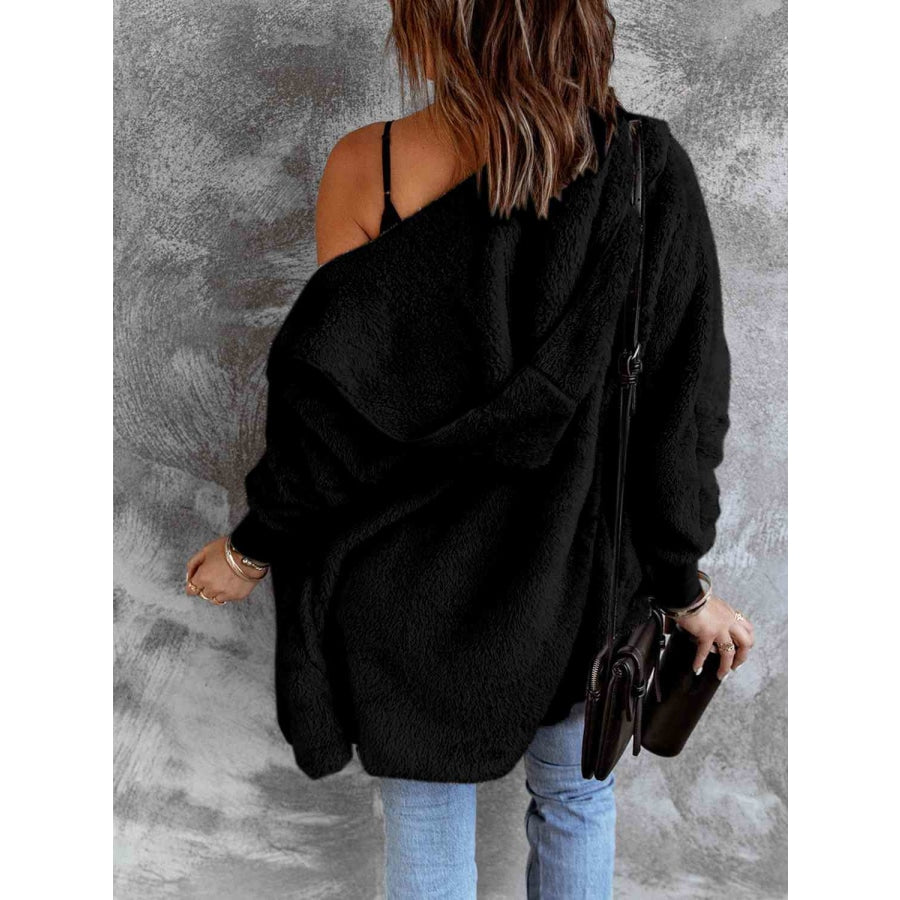 Open Front Hooded Faux Fur Outwear with Pockets