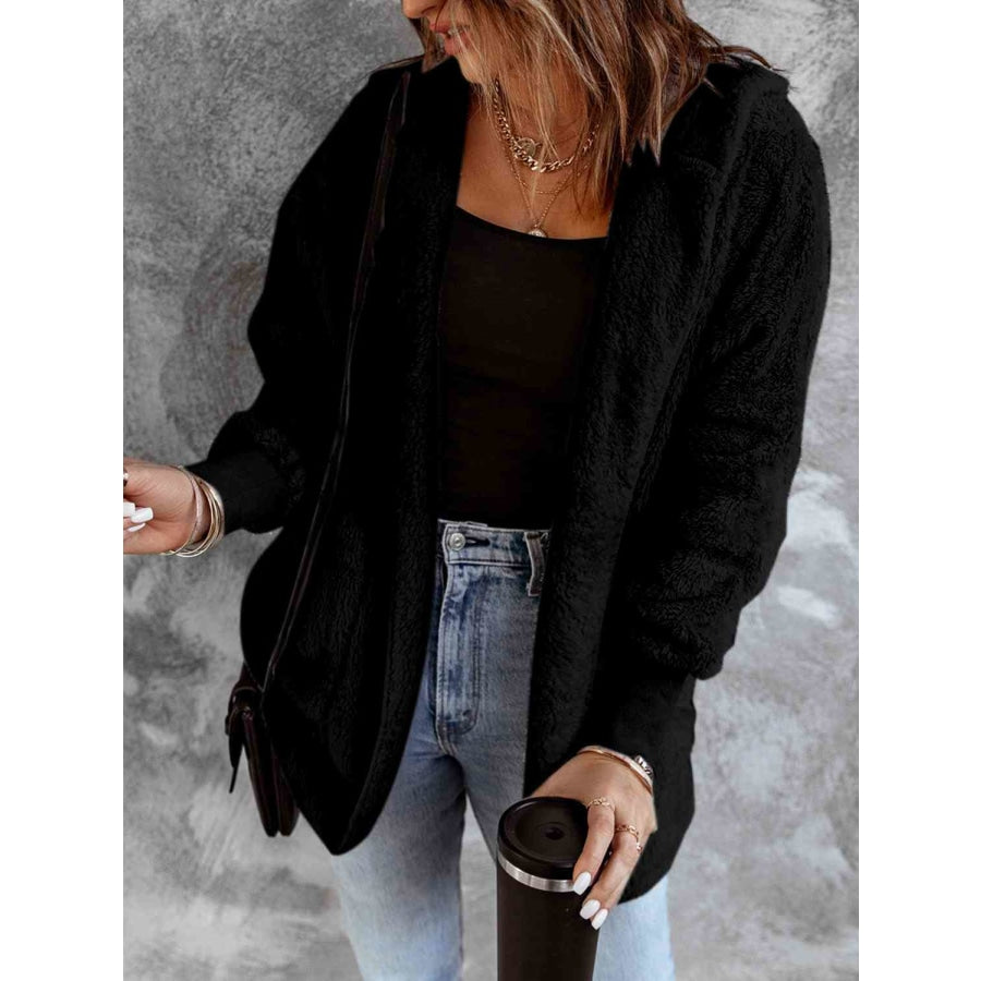 Open Front Hooded Faux Fur Outwear with Pockets