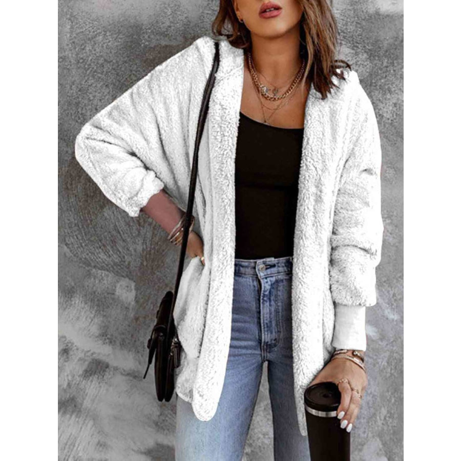 Open Front Hooded Faux Fur Outwear with Pockets White / S