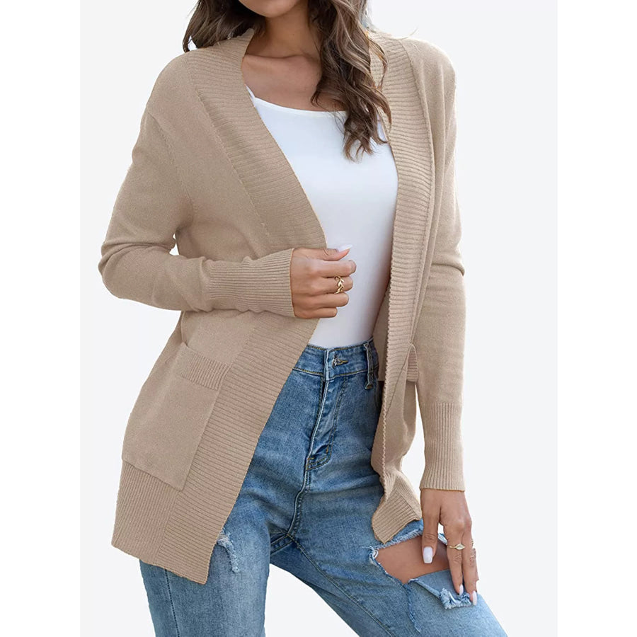 Open Front Knit Cardigan Khaki / S Apparel and Accessories
