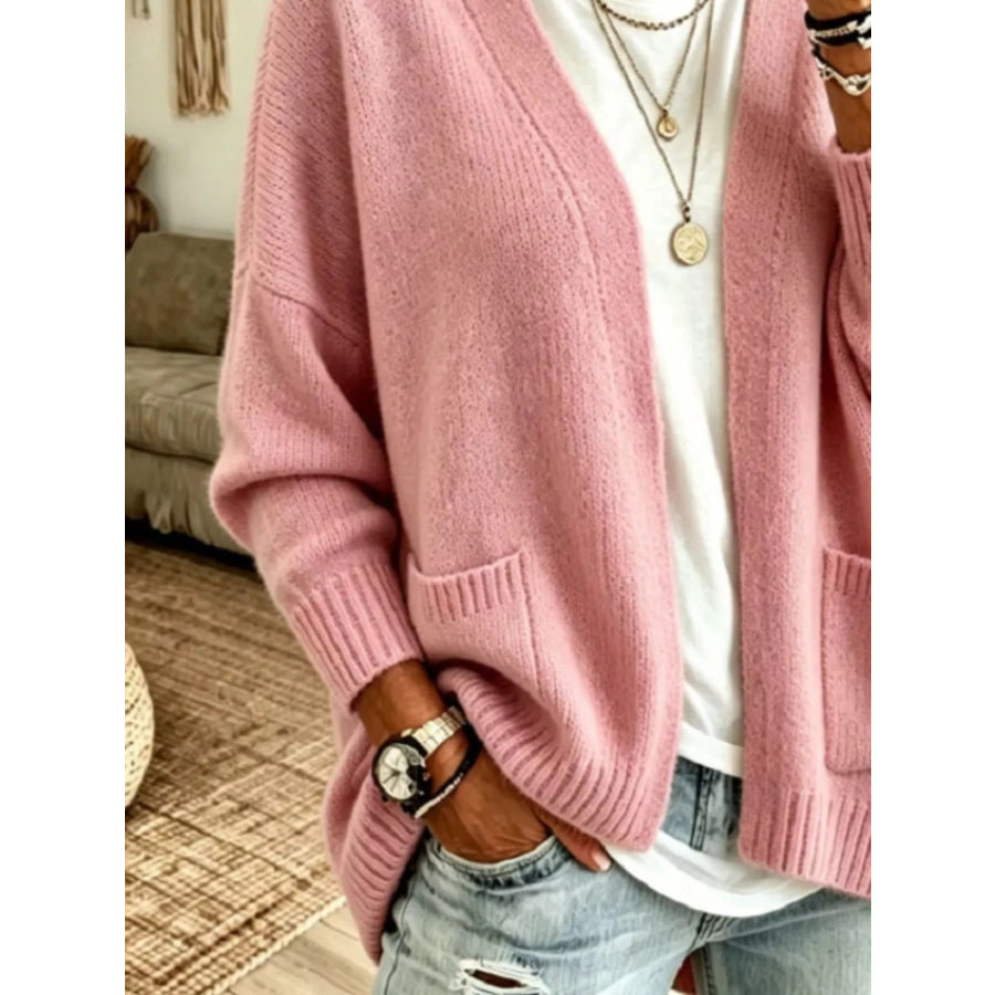 Open Front Knit Cardigan with Pockets Pink / S Apparel and Accessories