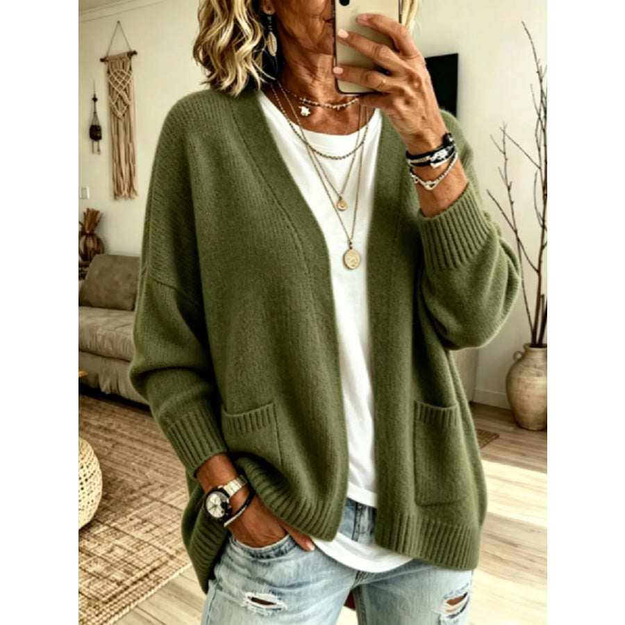 Open Front Knit Cardigan with Pockets Army Green / S Apparel and Accessories