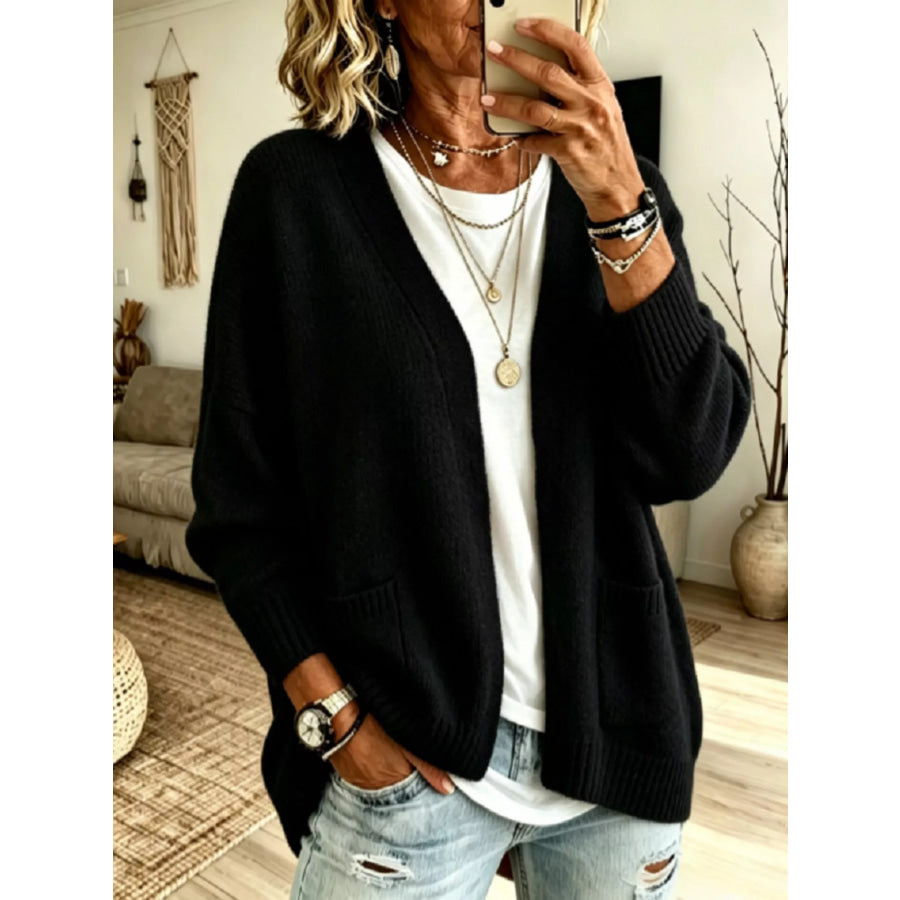 Open Front Knit Cardigan with Pockets Black / S Apparel and Accessories