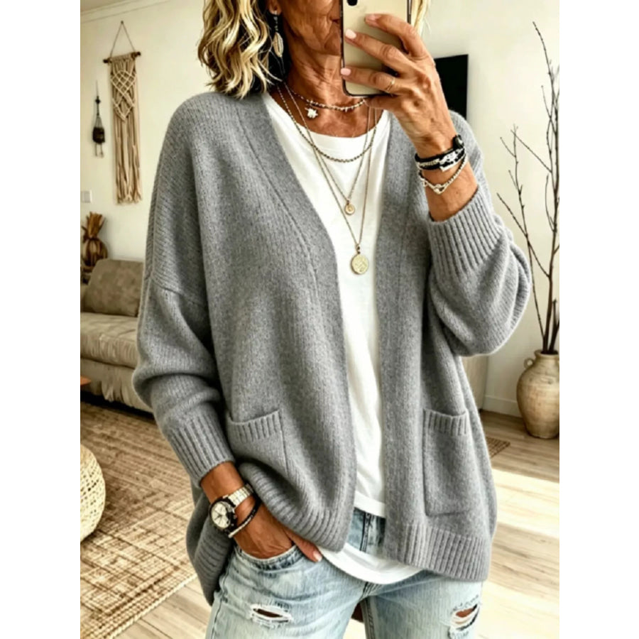 Open Front Knit Cardigan with Pockets Gray / S Apparel and Accessories