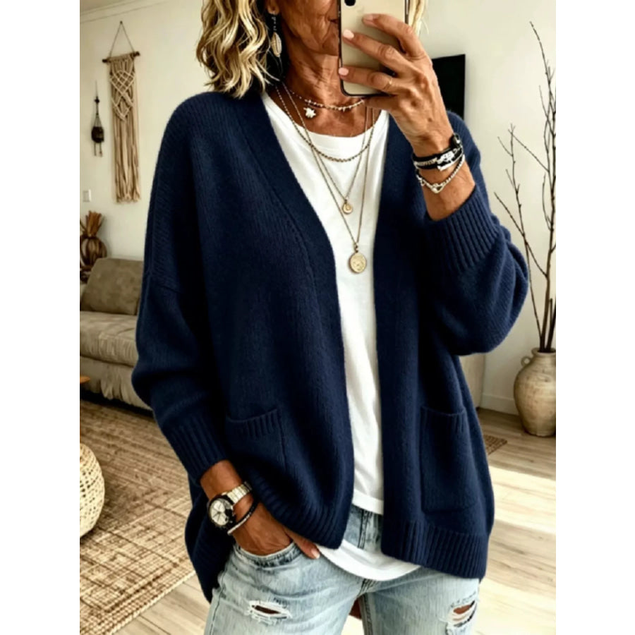 Open Front Knit Cardigan with Pockets Navy / S Apparel and Accessories