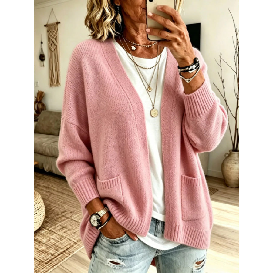 Open Front Knit Cardigan with Pockets Pink / S Apparel and Accessories