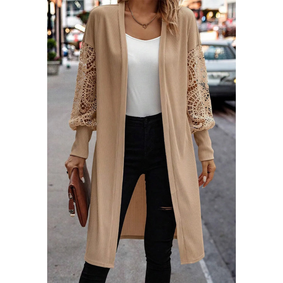 Open Front Lace Lantern Sleeve Cover-Up Tan / S Apparel and Accessories