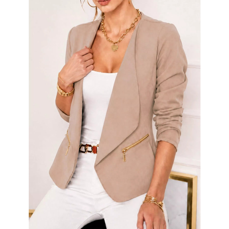 Open-Front Long Sleeve Blazer Khaki / S Apparel and Accessories