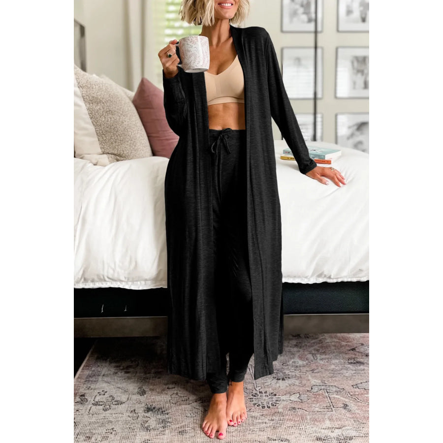 Open Front Long Sleeve Cardigan and Pants Lounge Set Black / L Apparel and Accessories