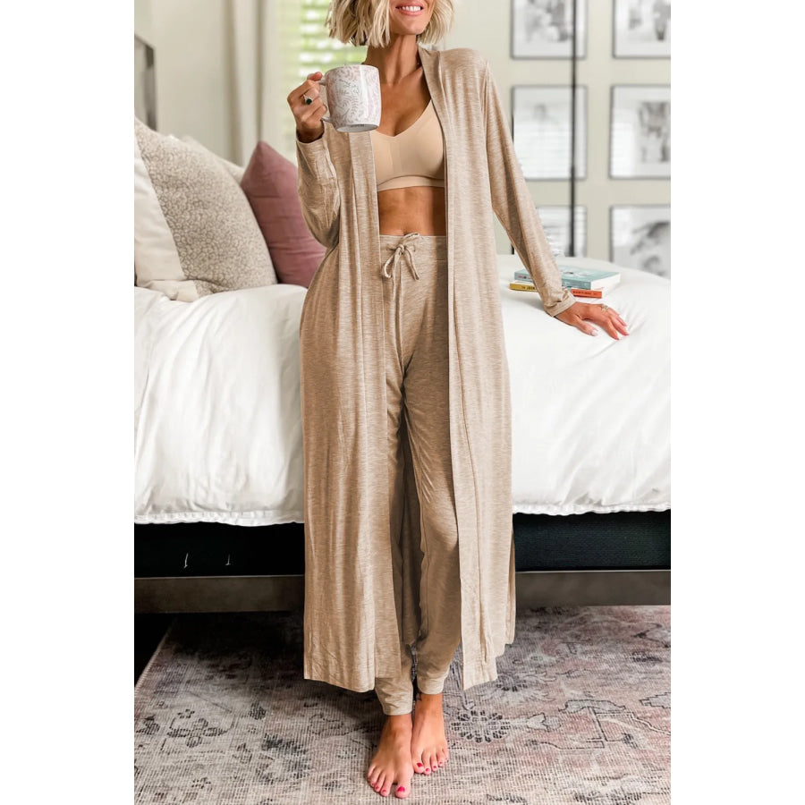 Open Front Long Sleeve Cardigan and Pants Lounge Set Tan / S Apparel and Accessories