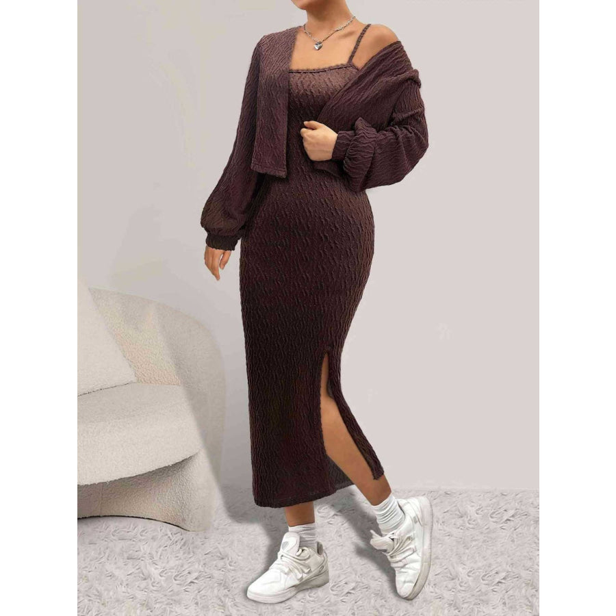 Open Front Long Sleeve Cardigan and Side Slit Cami Dress Set Apparel and Accessories