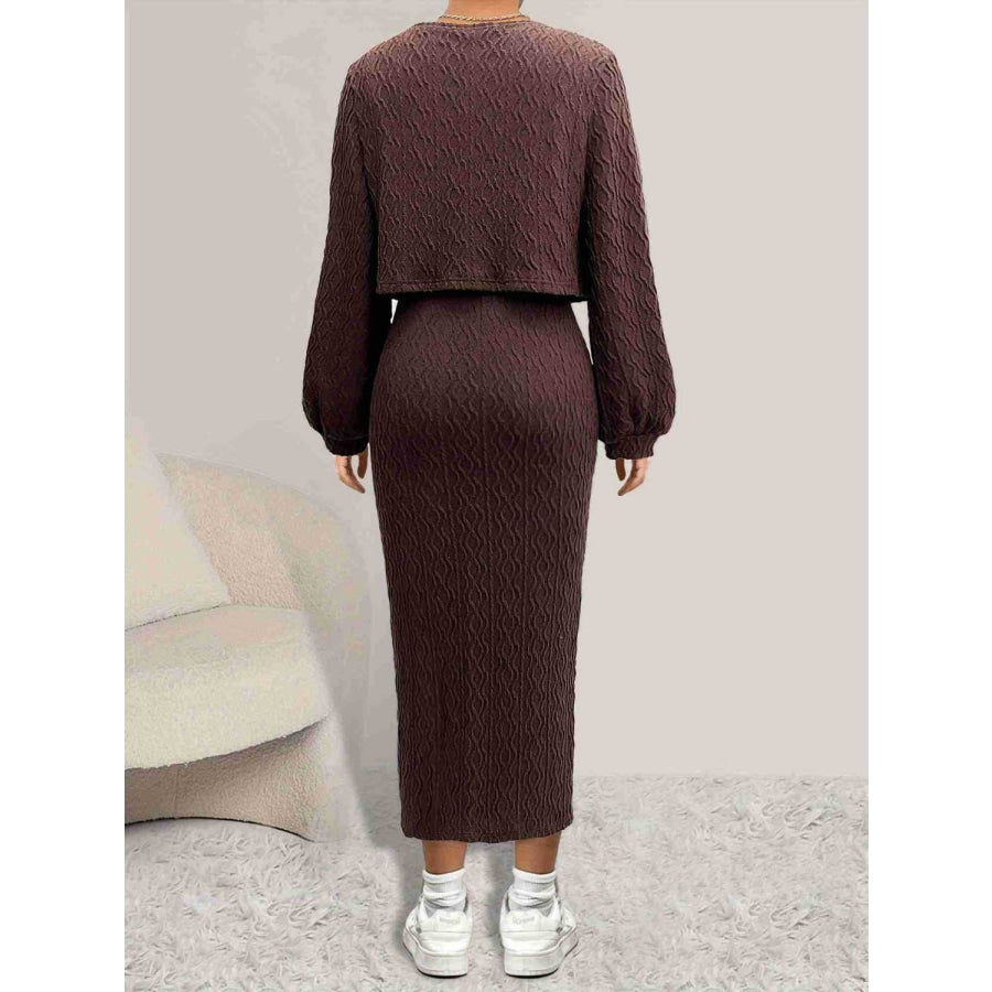 Open Front Long Sleeve Cardigan and Side Slit Cami Dress Set Apparel and Accessories