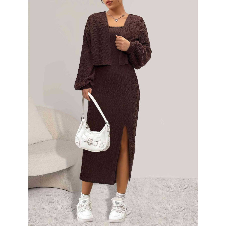 Open Front Long Sleeve Cardigan and Side Slit Cami Dress Set Brown / S Apparel and Accessories