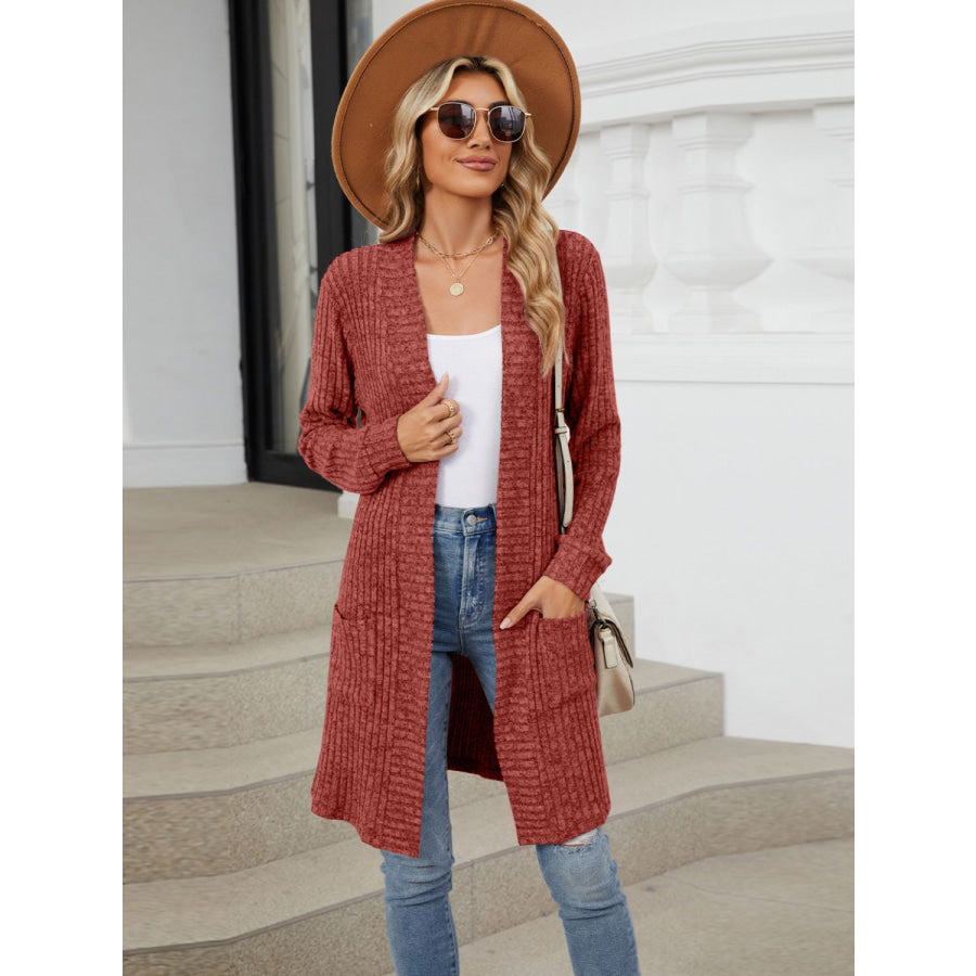 Open Front Long Sleeve Cardigan Burgundy / S Apparel and Accessories