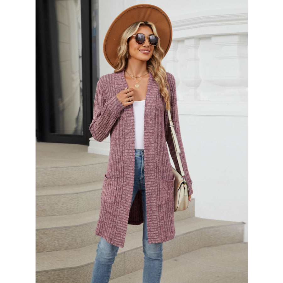 Open Front Long Sleeve Cardigan Deep Purple / S Apparel and Accessories