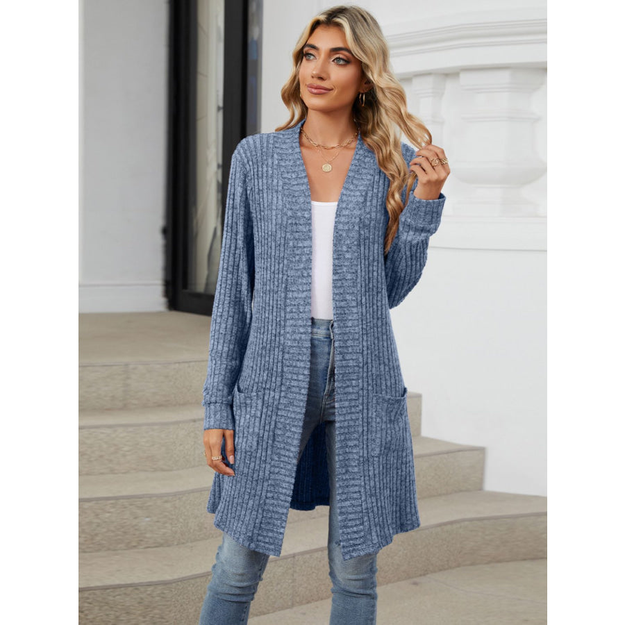 Open Front Long Sleeve Cardigan Dusty Blue / S Apparel and Accessories