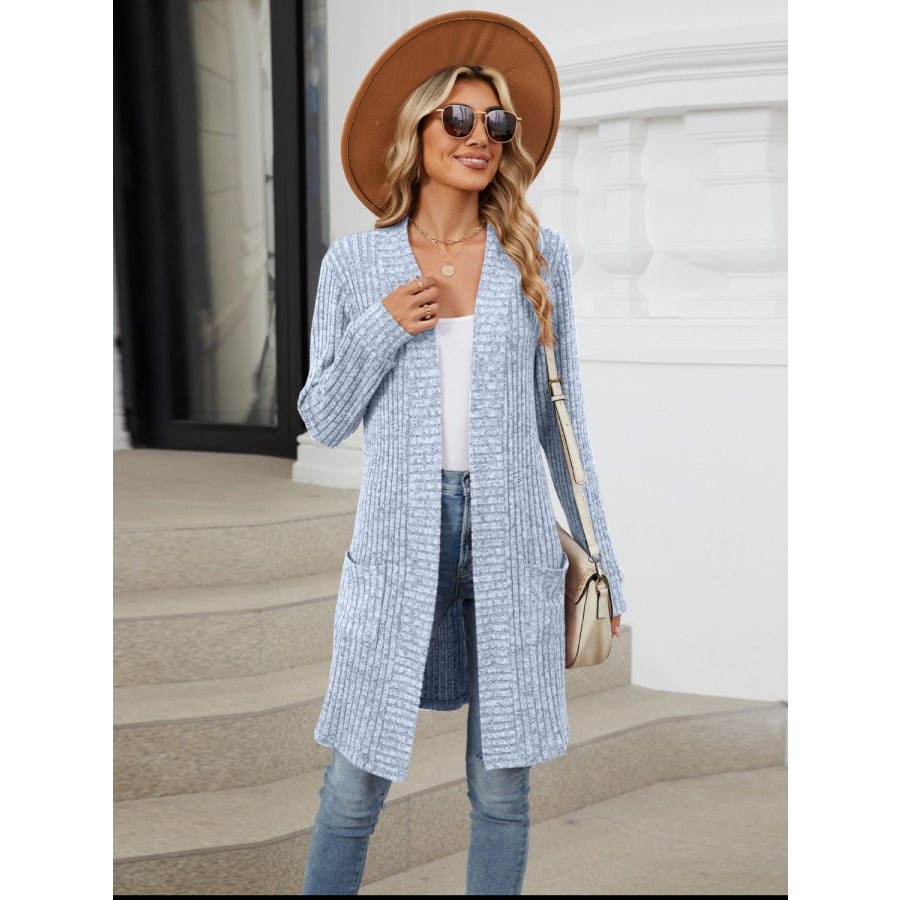 Open Front Long Sleeve Cardigan Light Blue / S Apparel and Accessories