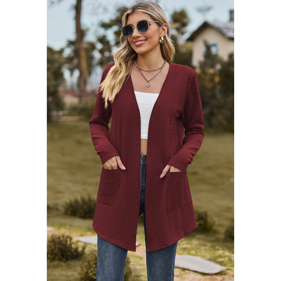 Open Front Long Sleeve Cardigan Wine / S Apparel and Accessories