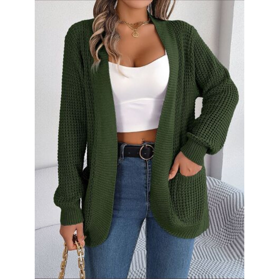 Open Front Long Sleeve Cardigan with Pockets Army Green / S Clothing