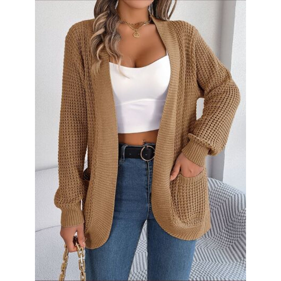 Open Front Long Sleeve Cardigan with Pockets Caramel / S Clothing