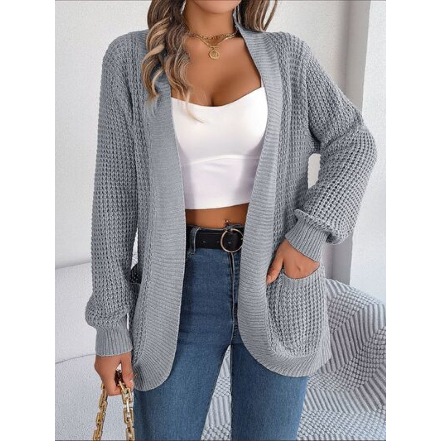 Open Front Long Sleeve Cardigan with Pockets Charcoal / S Clothing