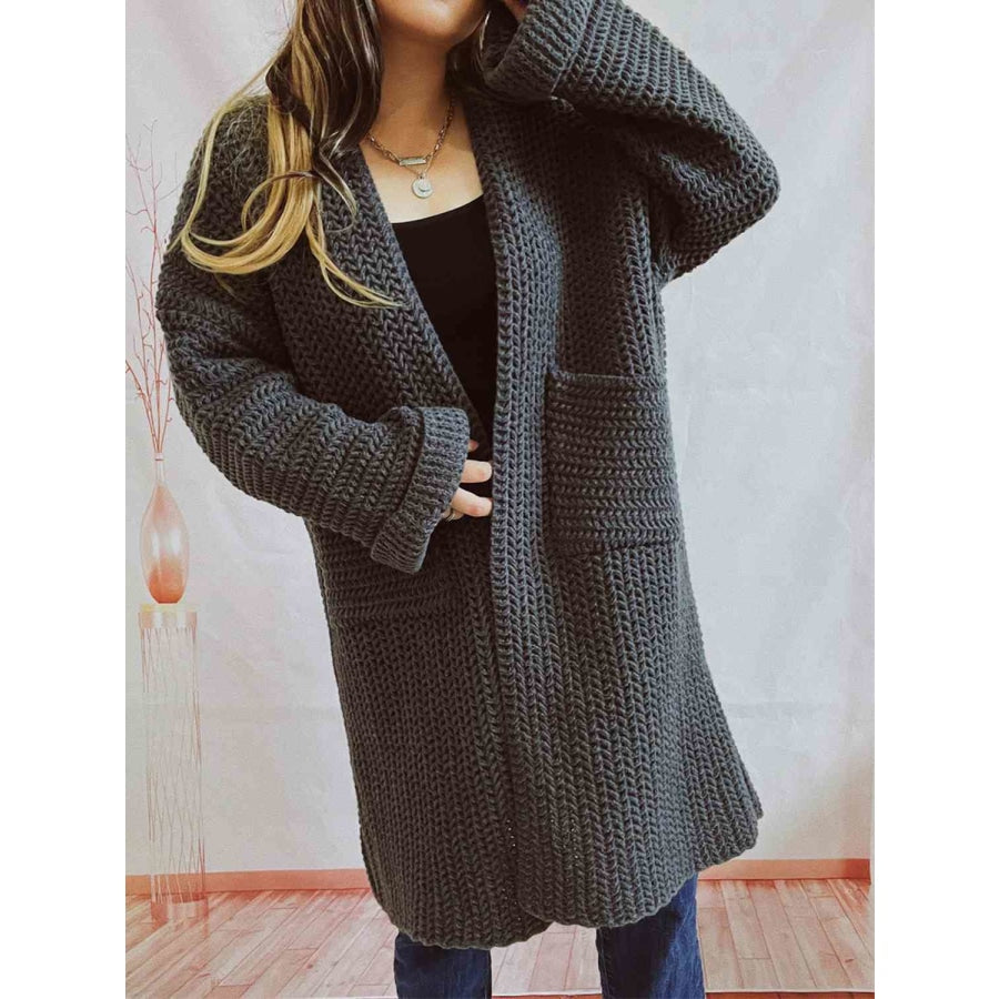 Open Front Long Sleeve Cardigan with Pockets Charcoal / S