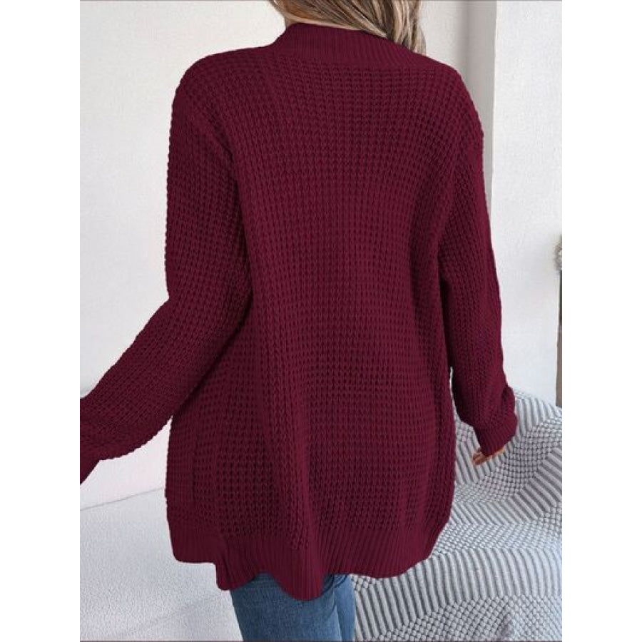 Open Front Long Sleeve Cardigan with Pockets Wine / S Clothing