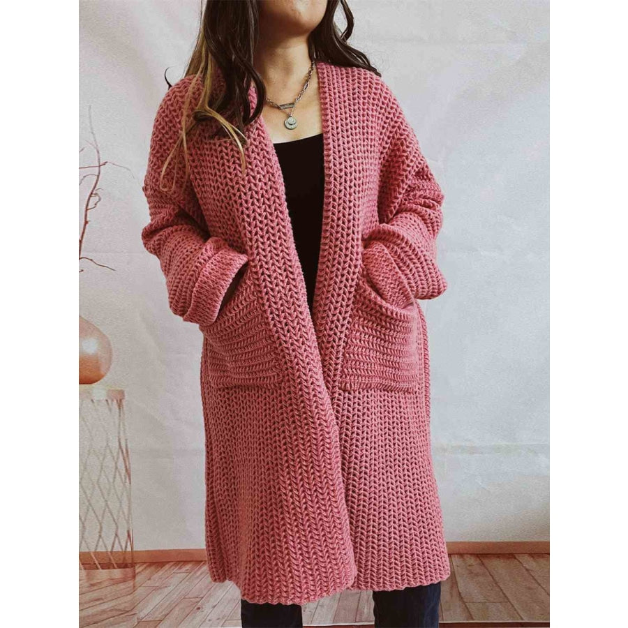 Open Front Long Sleeve Cardigan with Pockets Dusty Pink / S