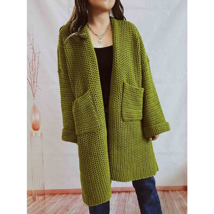 Open Front Long Sleeve Cardigan with Pockets Moss / S